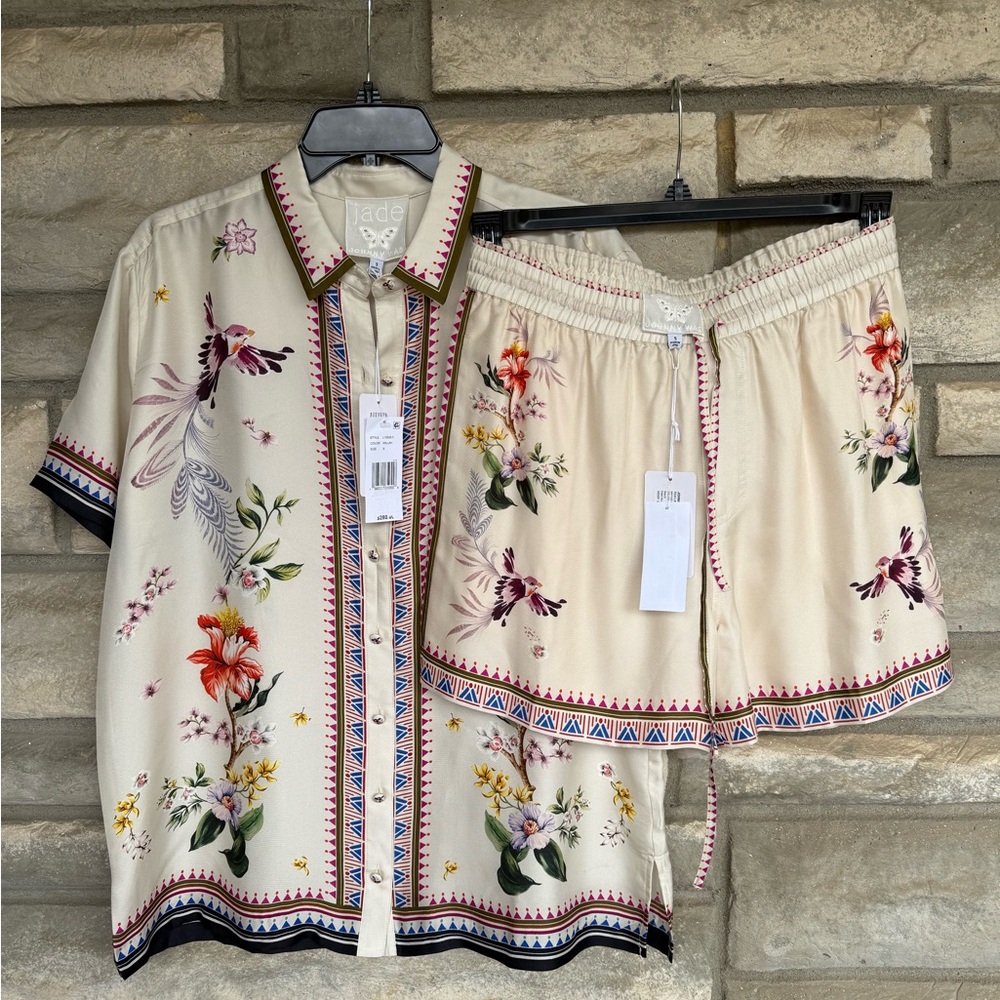 Johnny Was Jade Ophelia  Silk Blend Button-Down Shirt Top And Short Set S $510